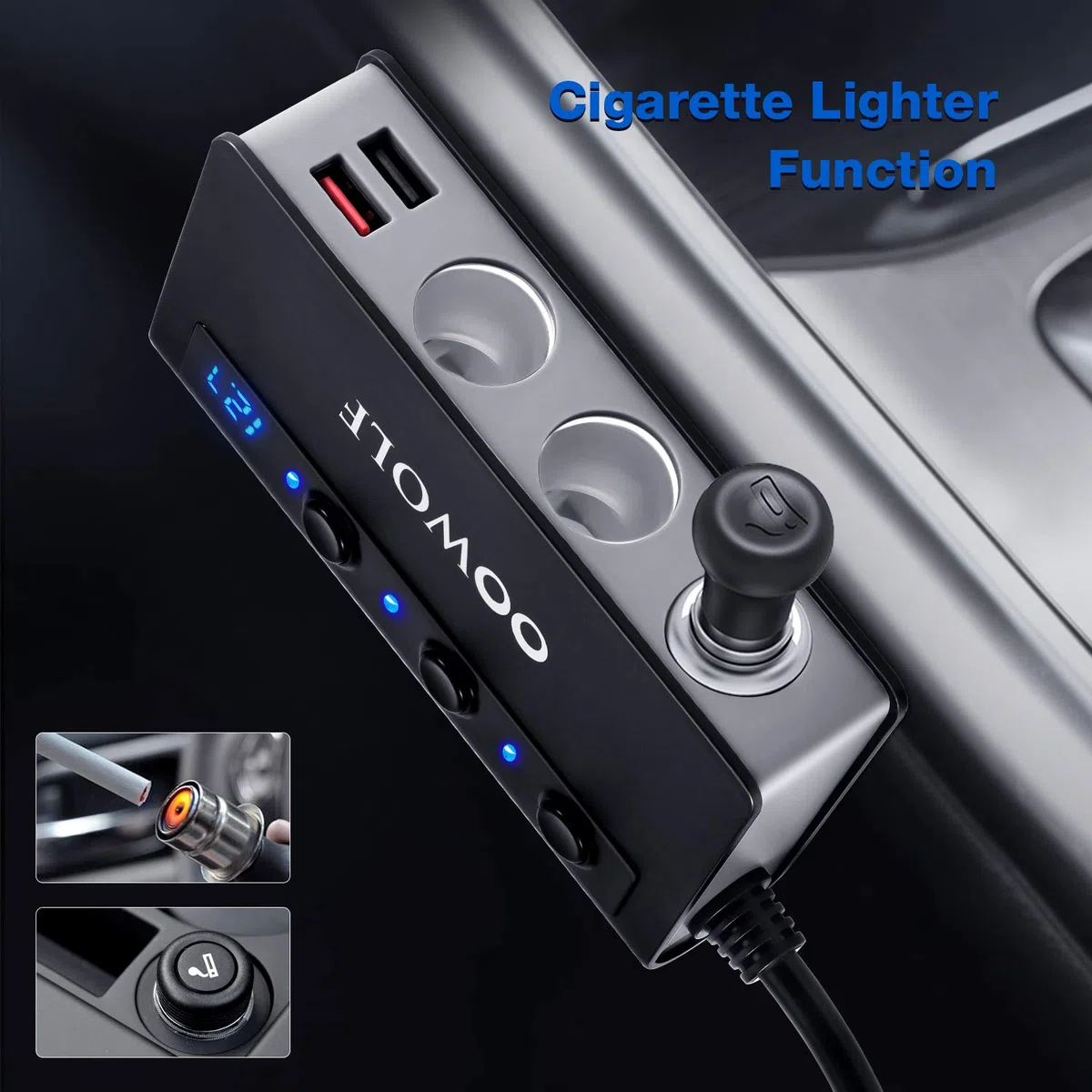 OOWOLF Zigarettenanzünder Verteiler, QC 3.0 180W 12V/24V, Adapter Auto Ladegerät, 3 DC Steckdose Splitter 4 USB Anschlüsse KFZ Verteiler für Smartphone, Tablet, GPS, Navi