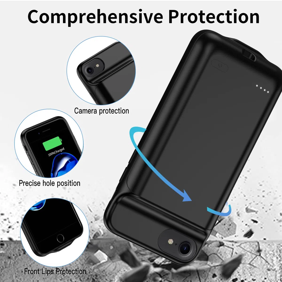 Batteriegehäuse für iPhone 6/6s/7/8/SE (2020/2022) 4,7 Zoll, 6800 mAh tragbares Ladegerät-Hülle, wiederaufladbarer Akku, erweiterter Akku(4,7 Zoll), Schwarz