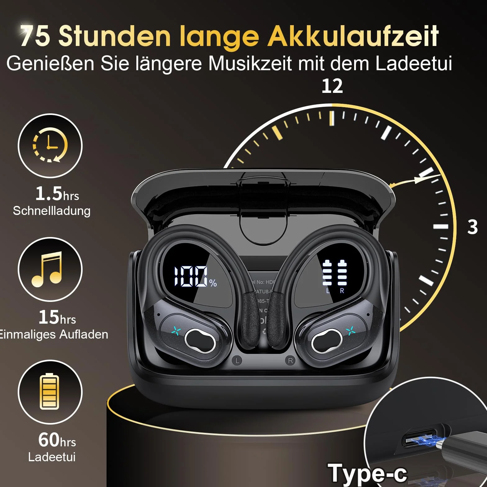 Aptkdoe In Ear Kopfhörer Kabellos Sport, Bluetooth 5.4 Kopfhörer mit ENC Mic, 75 Std Spielzeit, Anpassung über die App, Hi-Fi Stereo, IP7 Wasserdicht Ohrhörer LED Anzeige mit Ohrhaken für Joggen/Gym