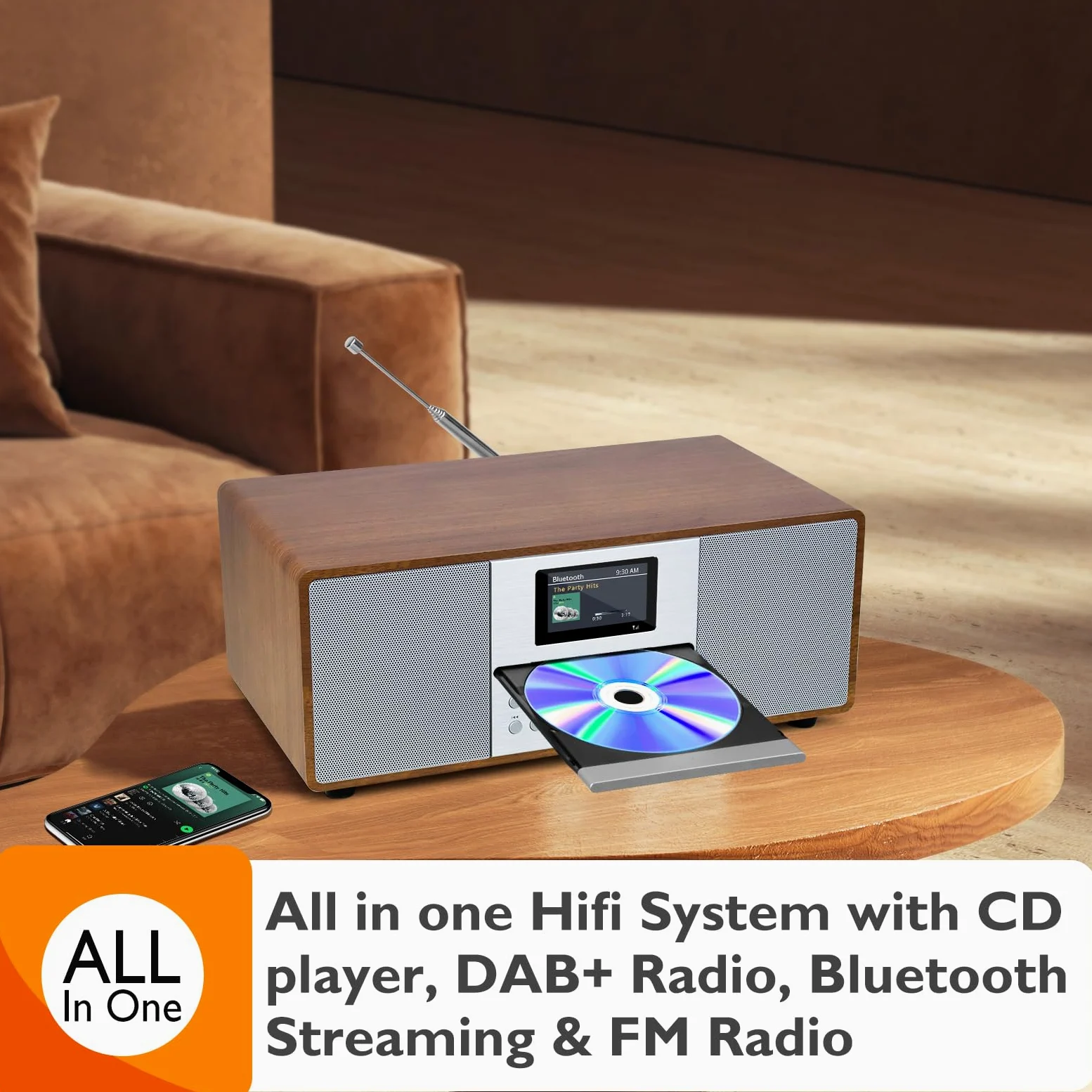 MS4 CD Player DAB Radio HiFi System I Dab Radio mit Bluetooth IStereoanlage Kompaktanlage IAkustisches Holzgehäuse I CD Player mit Lautsprechern I 40 Presets,Kopfhöreranschluss I Walnuss