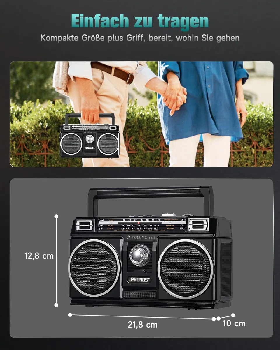 PRUNUS J-750 Retro Radio FM/AM/SW Transistorradio, Tragbares Radio mit 1800mAh Akku, Solar/USB-C Aufladbar, Buntes Licht, Nostalgie Radio mit Bluetooth Unterstützt USB/TF-Karte Spielen.