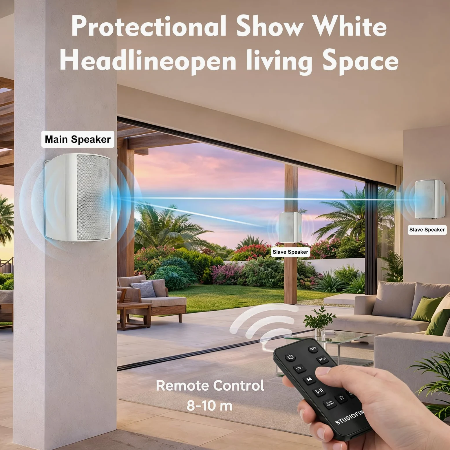STUDIOFINIX 5,25-Zoll-Lautsprecher (300 W), wasserdicht, für den Innen- und Außenbereich, Bluetooth 5.1, Wandmontage, drahtlose Synchronisierung mehrerer Lautsprecher mit IR-Fernbedienung, für Terrass
