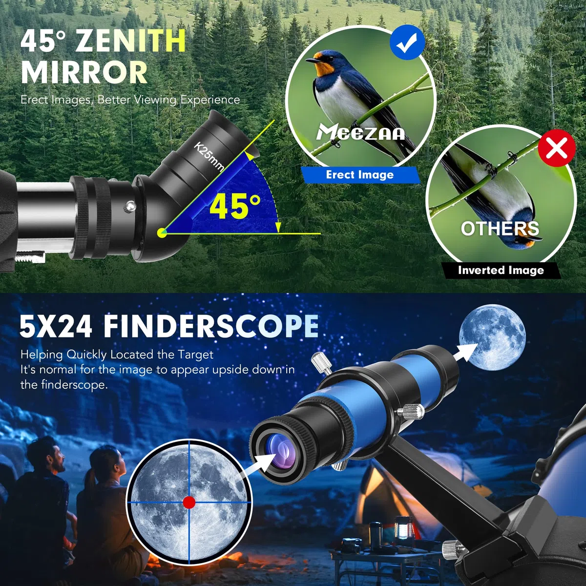 MEEZAA Teleskop, Teleskop Astronomie Profi für Erwachsene, 90mm Blende 800mm AZ Mount Astronomisches Refraktor Teleskope für Kinder Anfänger mit Stativ, Telefon Adapter, Tragetasche und Mondfilter