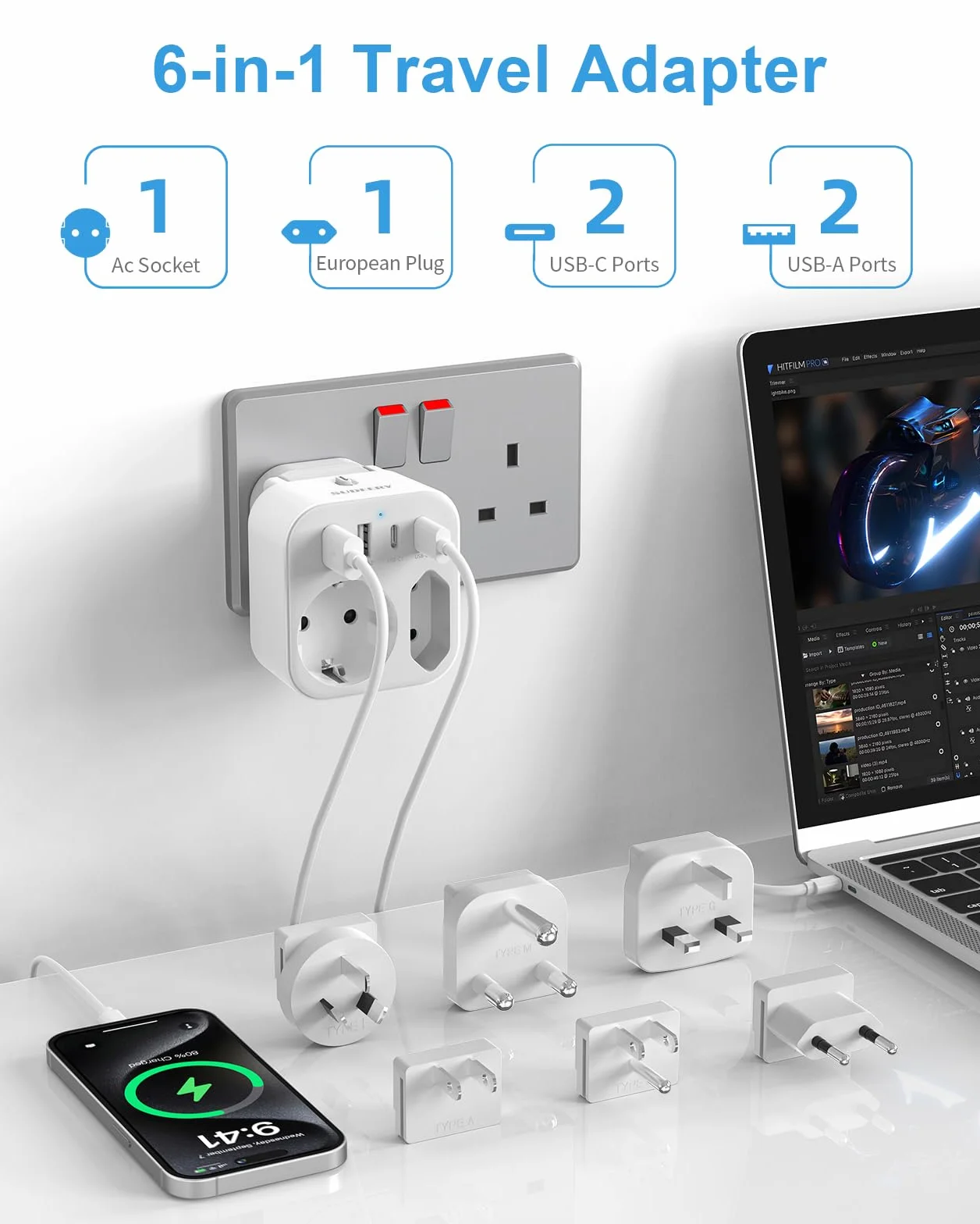 Reiseadapter Weltweit, Universal Reisestecker mit 2 USB A und 2 USB C, 6 Abnehmbare Internationale steckdosenadapter für USA UK EU AUS Japan Südafrika (6 Plug)