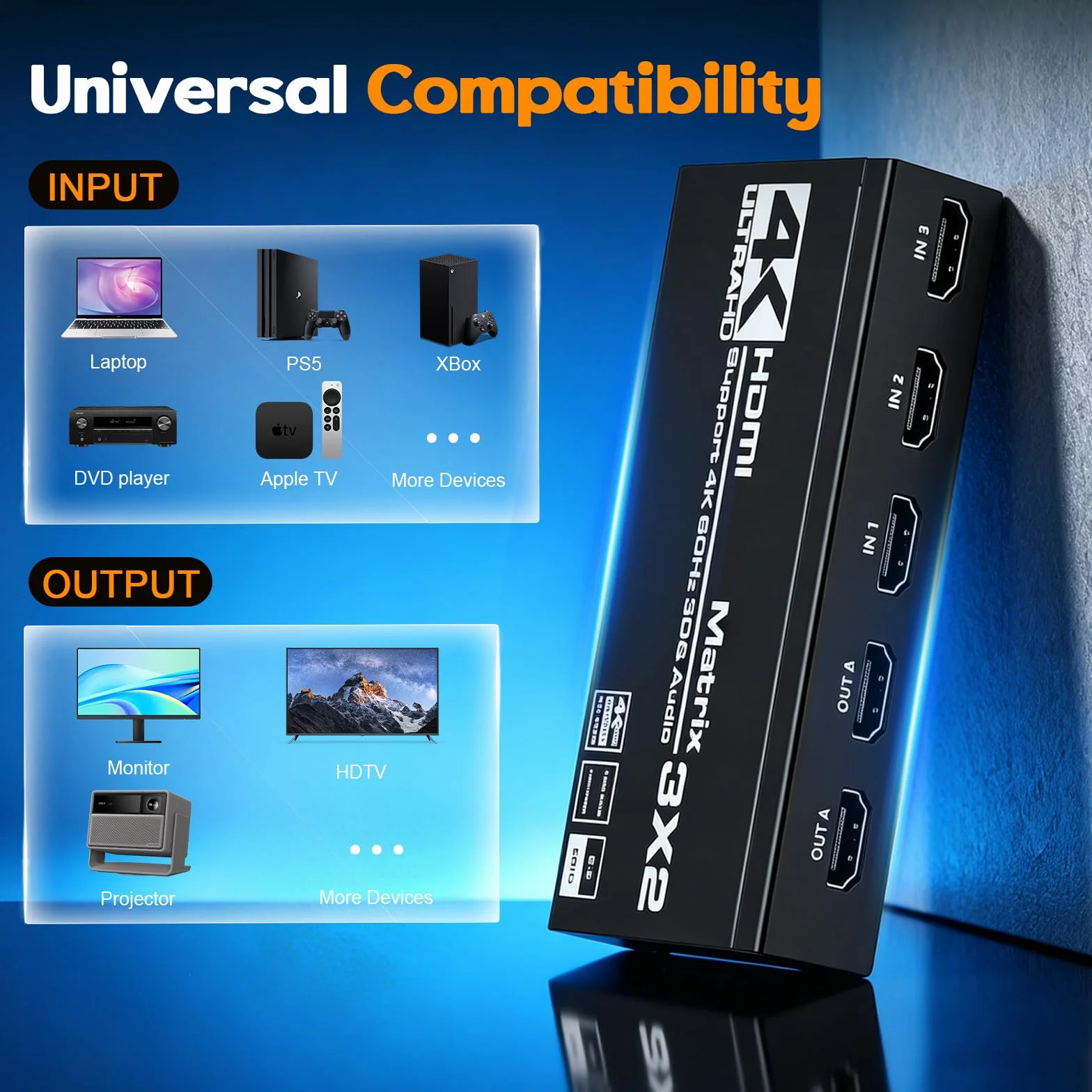 HDMI-Switch, 4 K, 60 Hz, 3 x 2, HDMI-Splitter 3 in 2 Out, HDCP 2.3 HDR10 18 Gbps, mit IR Fernbedienung & 3,5 mm Audio-Extraktor, unterstützt 4 K bei 60 Hz, HDCP 2.2, für Switch, PS5, Xbox, PC