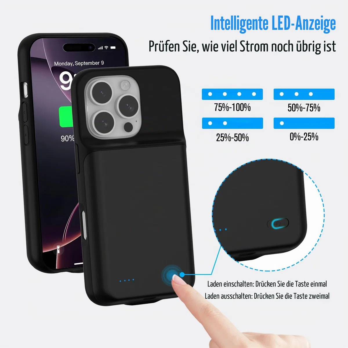 Akkuhülle für iPhone 16 Pro (6,3"), 7000mAh Powerbank Hülle ultradünn 15 W, Schnell Tragbares Ladegerät Battery Case, 360°-Schutz, Erweiterter Akku Ladehülle für iPhone 16 Pro, Schwarz