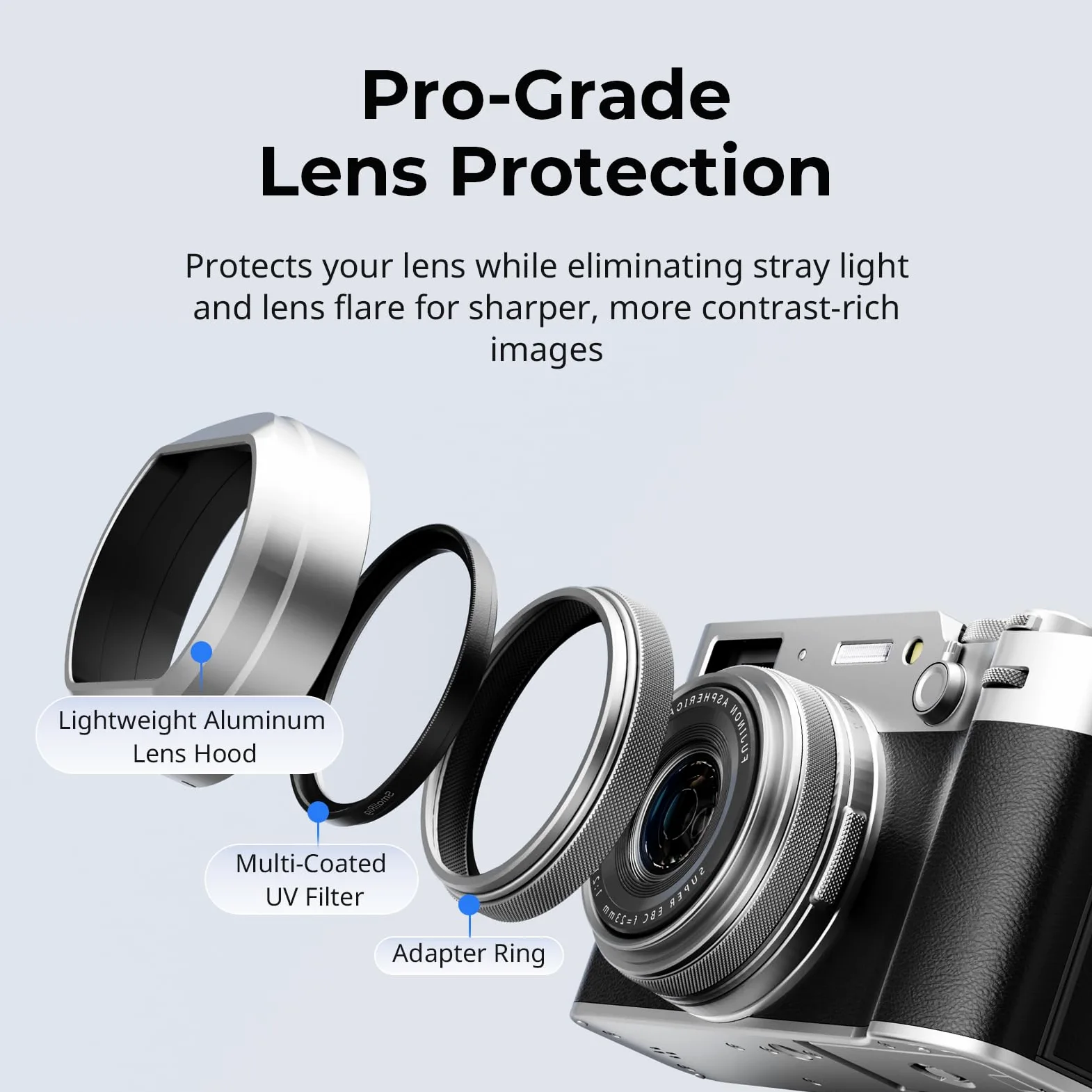 SMALLRIG UV-Filter Gegenlichtblende für FUJIFILM X100VI / X100V, UV-Filter mit 99% Lichtdurchlässigkeit, Antireflex & Anti-Ghosting-Funktion, Gegenlichtblende aus Aluminiumlegierung, Silber – 5851