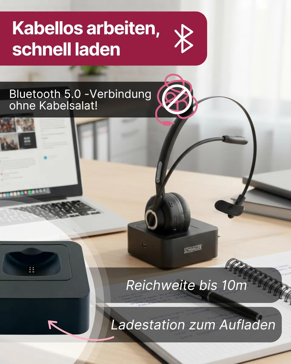 SCHWAIGER One-Ear Mono Headset I Bluetooth Kopfhörer mit Mikrofon & Ladestation I kabelloses Headset mit 17 h Akkulaufzeit I ergonomisch & gepolstert I für PC & Büro I mit verstellbarem Mikrofonarm