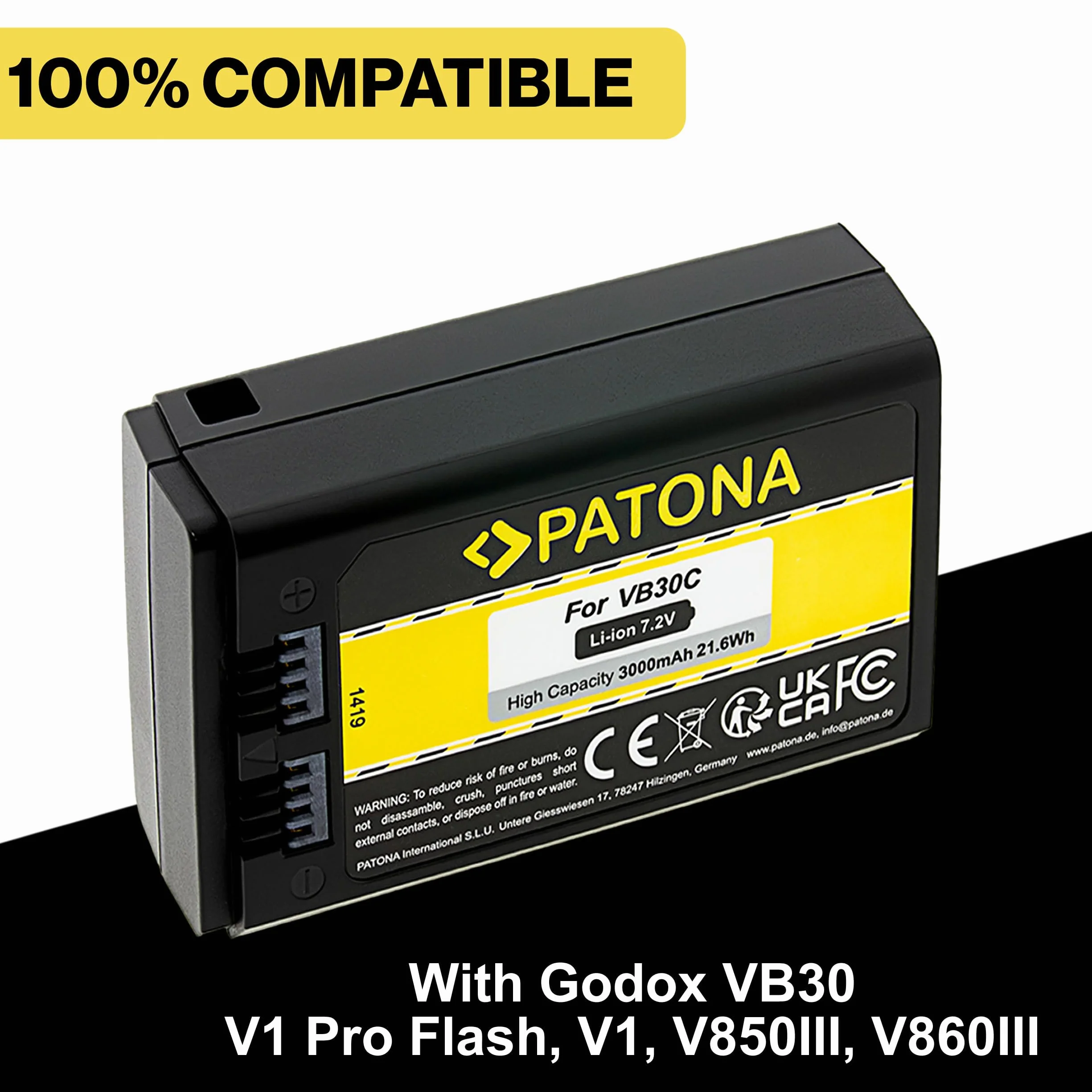 PATONA Akku für Godox V1 Pro (3000 mAh) mit USB-C – Ersatz für Godox VB30 & WB100 – kompatibel mit V1Pro Rundkopfblitz, V860III V850III AD100Pro – direkt am Akku Laden