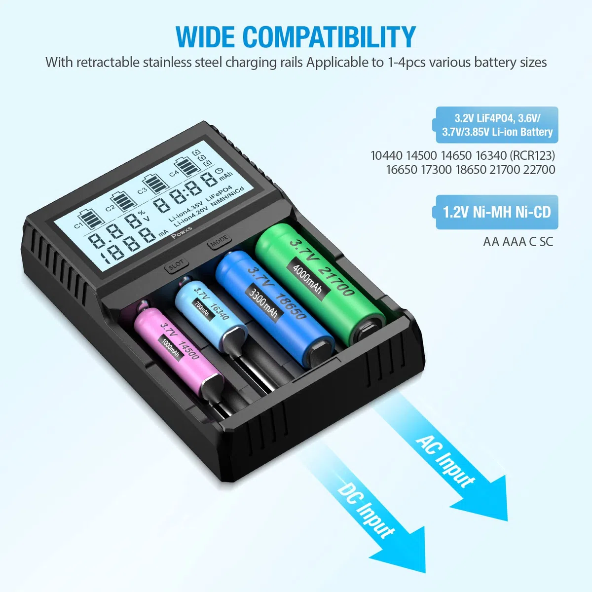 POWXS Universal Batterie Ladegerät, 18650 Akku Ladegerät mit Testfunktionen, LCD-Display Batterien Ladegerät für Li-Ion Lithium IMR NI-MH NI-Cd AA AAA C 26650 21700 18650 16340 14500 10440 RCR123