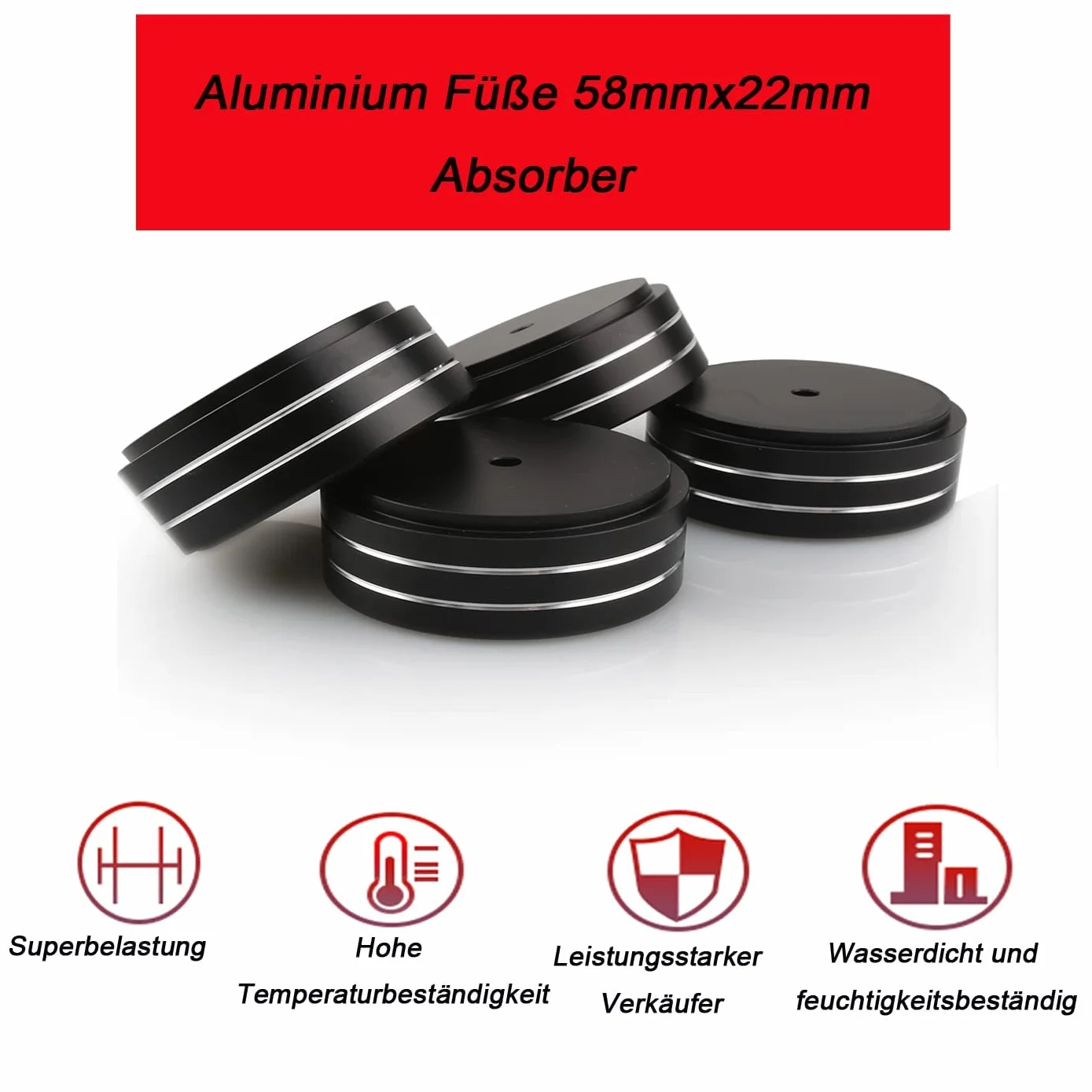4 Stück Aluminium Füße 58mmx22mm Absorber Lautsprecher Schwingungsdämpfer High End Lautsprecher Füße HiFi Absorber Füße Mit 4 Schrauben und Anti-Rutsch-Ringen (Black)