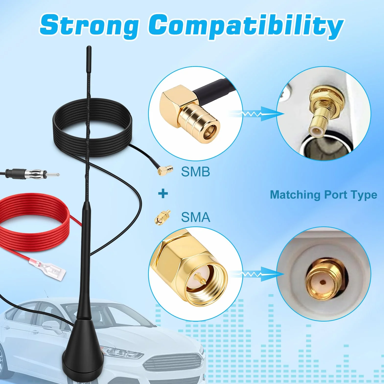 DAB Antenne Auto, DAB+ Autoantenne FM/AM Dachantenne Digital Radioantenne mit Verstärker, Autoradio Antenne mit SMB/SMA Stecker DIN Adapter | 5M-Verlängerungskabel