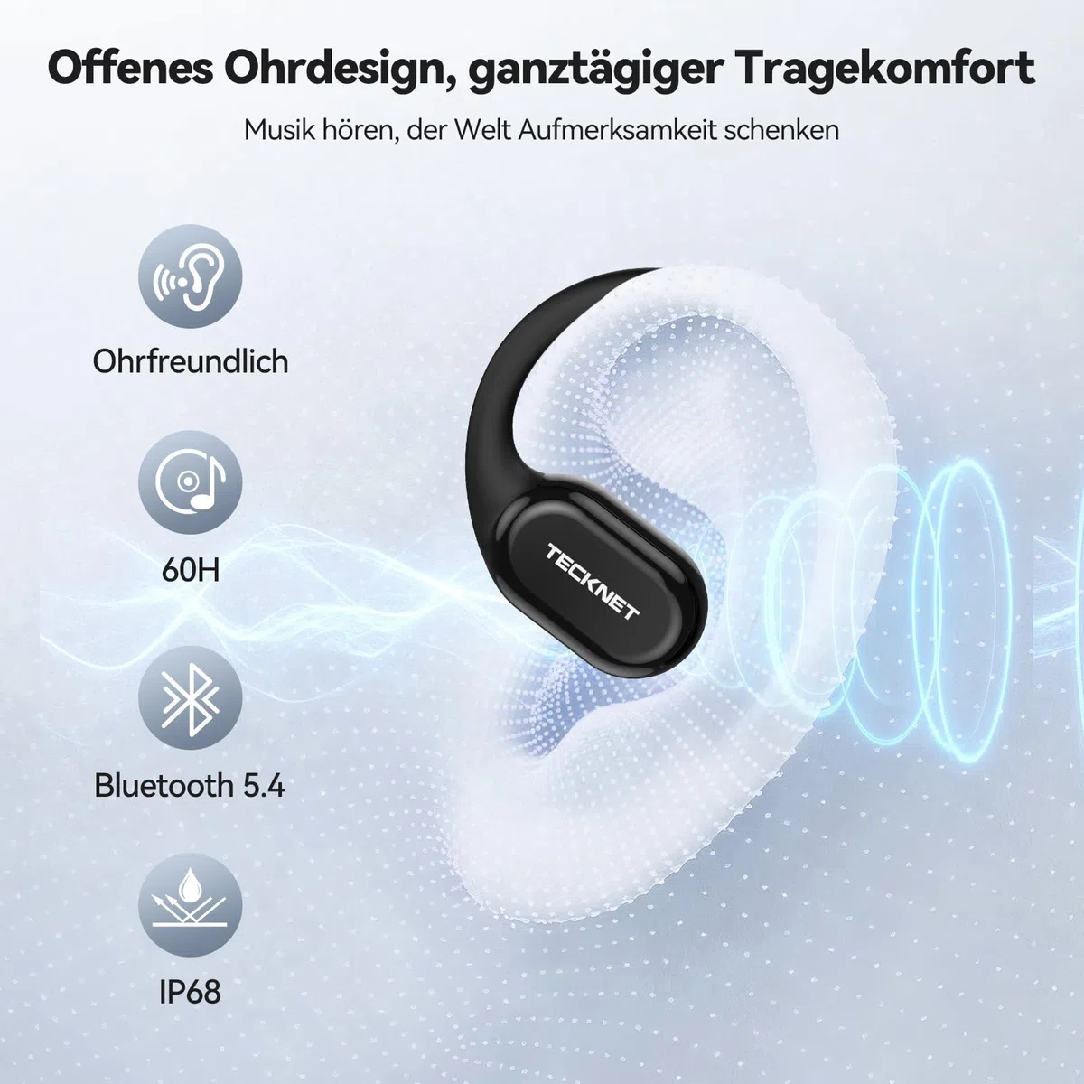 TECKNET Open-Ear Kopfhörer, Bluetooth Knochenschall Kopfhörer Kabellos, 60 Stunden Spielzeit und Schnellladung, IP68 Wasserdicht, Leicht Sport Kopfhörer Kabellose Mit Tragekoffer