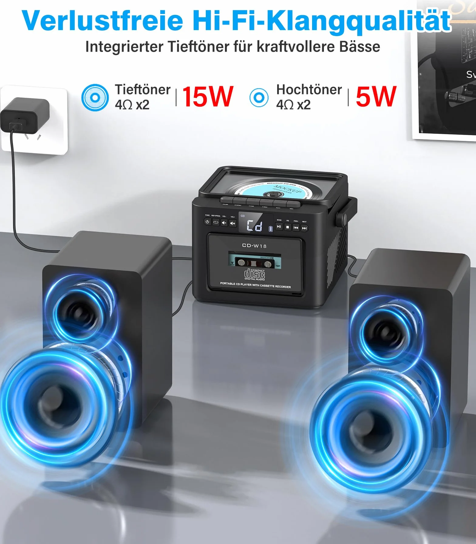 Greadio Stereoanlage mit CD Player und Kassettenrekorder, 40-W-Lautsprecher mit Bluetooth 5.1, Kassettenspieler mit FM Radio/USB/TF/AUX/Fernbedienung, HiFi Musikanlage (Schwarz)