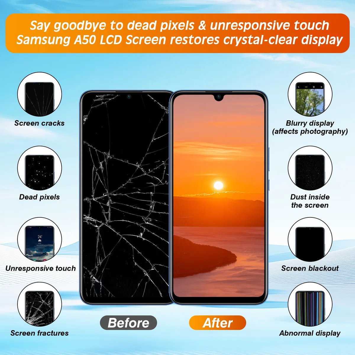 Bildschirmersatz für Samsung Galaxy A50, mit Rahmen A505F A505FN A505W A505U A505U1, LCD-Display-Digitalisierer-Baugruppe mit Reparaturwerkzeugen