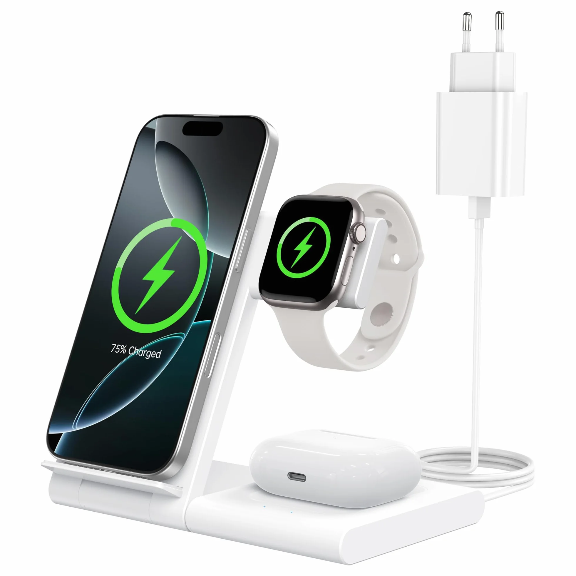 Ladestation Apple Watch und iPhone, 3 in 1 Ladestation für iPhone 17/16/15/14/13/12/11/Pro/Max/Plus, Apple Watch Ultra 3/11/10/9/8/7/6/SE 3, für AirPods 4/3/2/Pro 3 (Weiß)