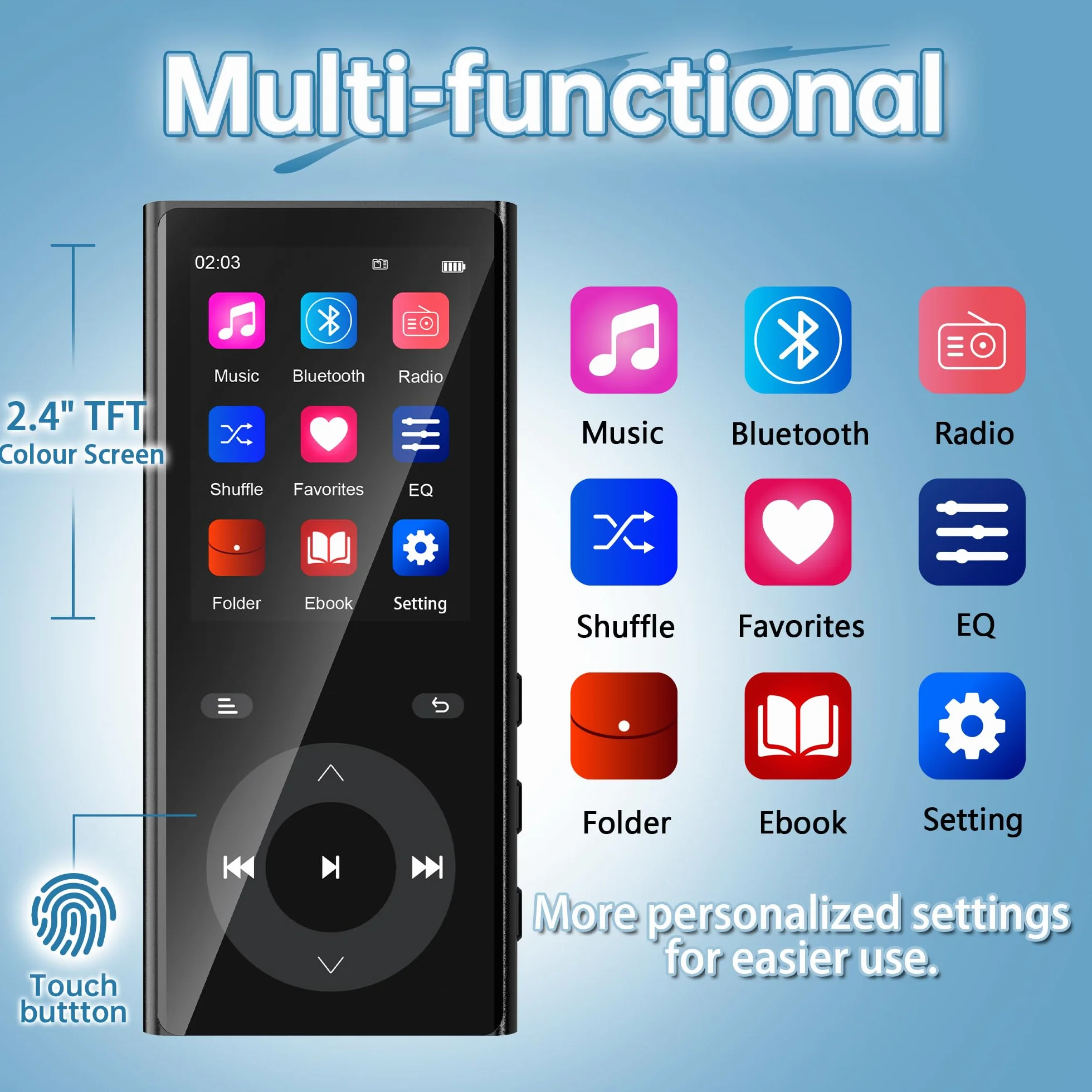 90GB MP3 Player Bluetooth 5.3, Musik Player 2 TF-Kartensteckplätzen, 2,4" Farbbildschirm, Touch-Tasten, MP3 Player Kinder mit Lautsprecher, Unterstützung bis zu 256 GB, Inklusive Kopfhörer, Schwarz