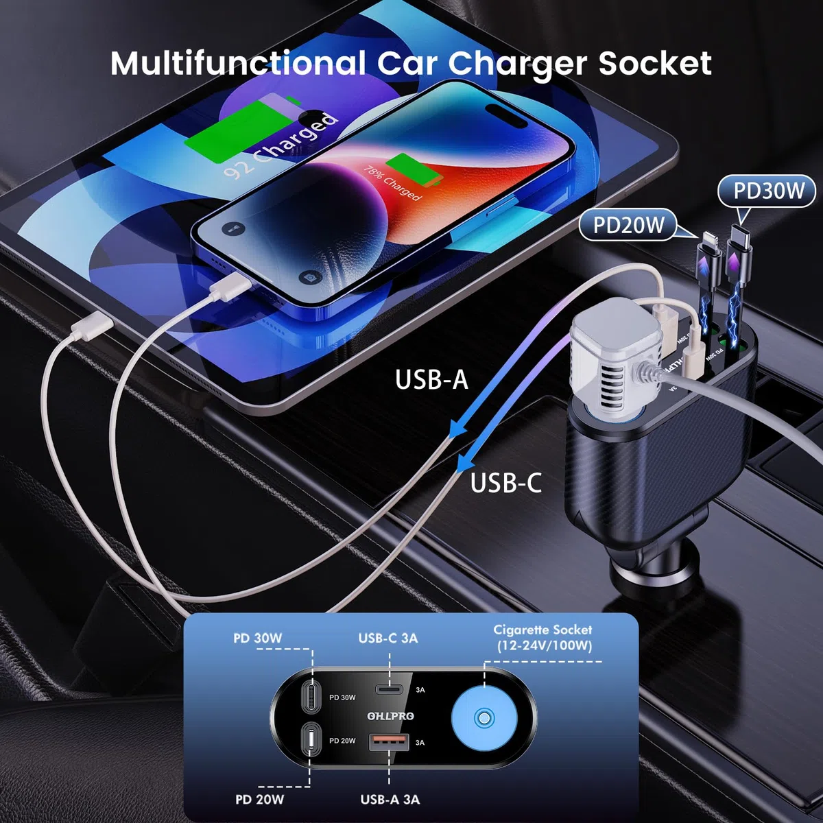 OHLPRO 5 in1 Zigarettenanzünder USB C Einziehbares Auto Ladegerät, Handy Autoladegerät 100W 12V USB Adapter Auto Schnellladegerät KFZ Stecker Splitter Kompatibel mit Handy iPhone iPad Samsung, Schwarz