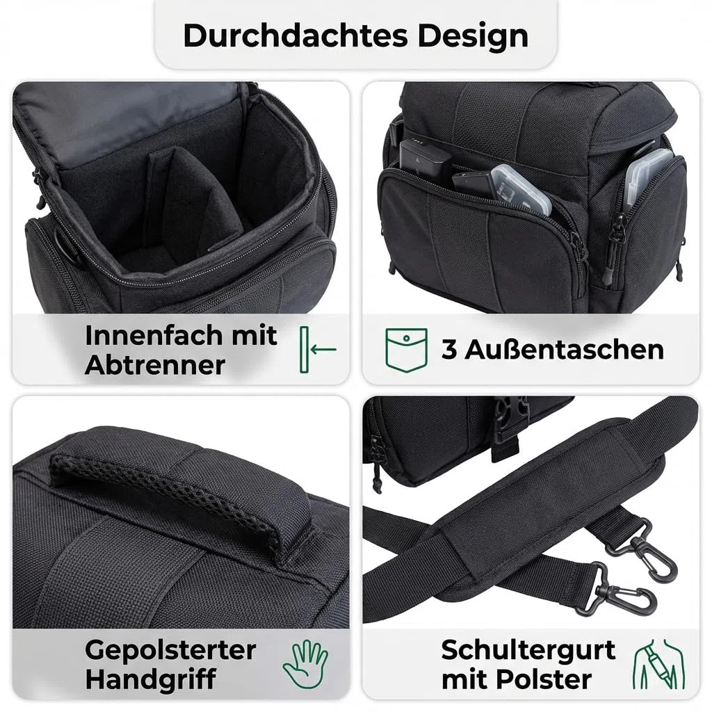 Bodyguard Fototasche Für System Bridgekameras und kleine DSLR Kameras Panasonic FZ82 FZ200 FZ300 FZ1000 FZ2000, Sony HX400V, Nikon B500 B600 B700 Canon EOS M50 M100 Sony Alpha 6000 - XL