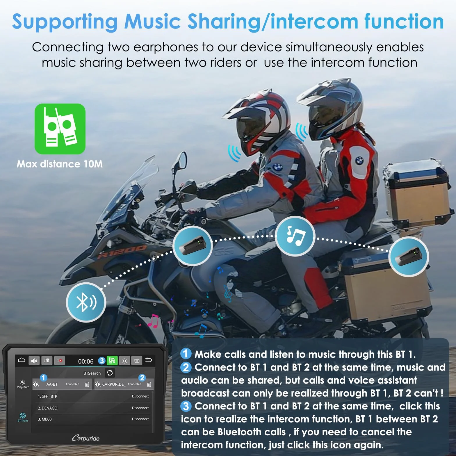 Carpuride W702 Pro Motorrad Carplay Bildschirm mit Gegensprechfunktion, Kabellos CarPlay und Android Auto, Tragbarem Wasserdichtem 7 Zoll Touchscreen, Verbessertem Dual Bluetooth, Navigation, Kompass.