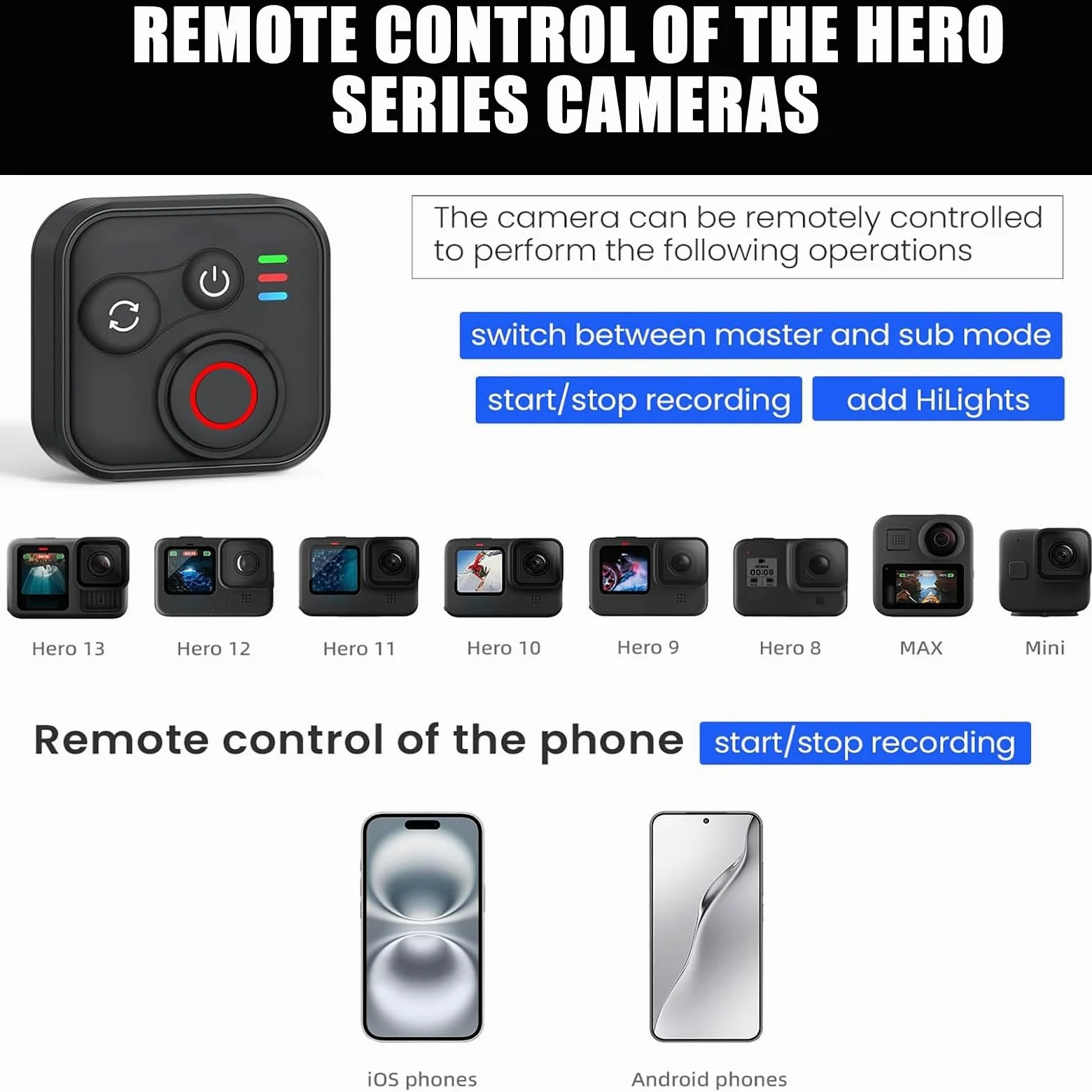 Wireless Bluetooth Fernbedienung für Insta360 X5/X4/X3/Ace Pro 2/Ace Pro/GO3S/GO3/Hero 13/12/11/IOS/Android Smartphone Kameras Zubehör mit Handschlaufe, 50m Reichweite BT5.1 Type-C
