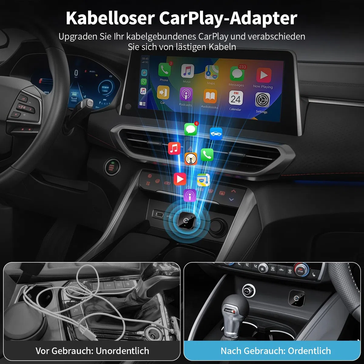 2025 Upgraded Wireless CarPlay Adapter – Bluetooth 5.3 & WiFi 6, Plug & Play USB-A mit USB-C Adapterkabel, stabile kabellose Verbindung ohne Verzögerung, kompatibel mit iPhone Android