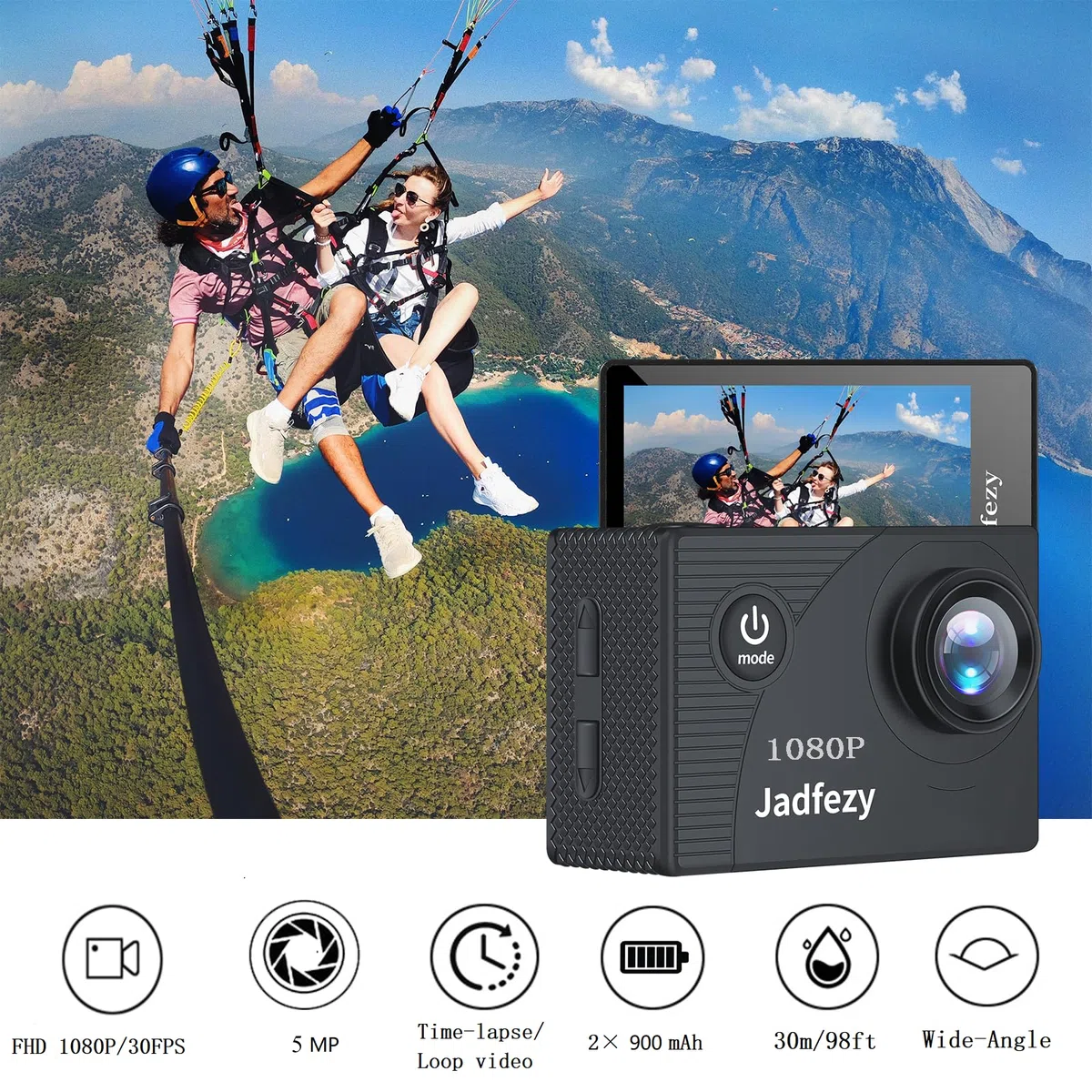 Action Cam FHD 1080P mit Speicherkarte Karte, Unterwasserkamera wasserdicht bis 30M, 140 Grad Weitwinkel Action Kamera mit Zwei 900 mAh wiederaufladbare Akkus und Zubehör-Set