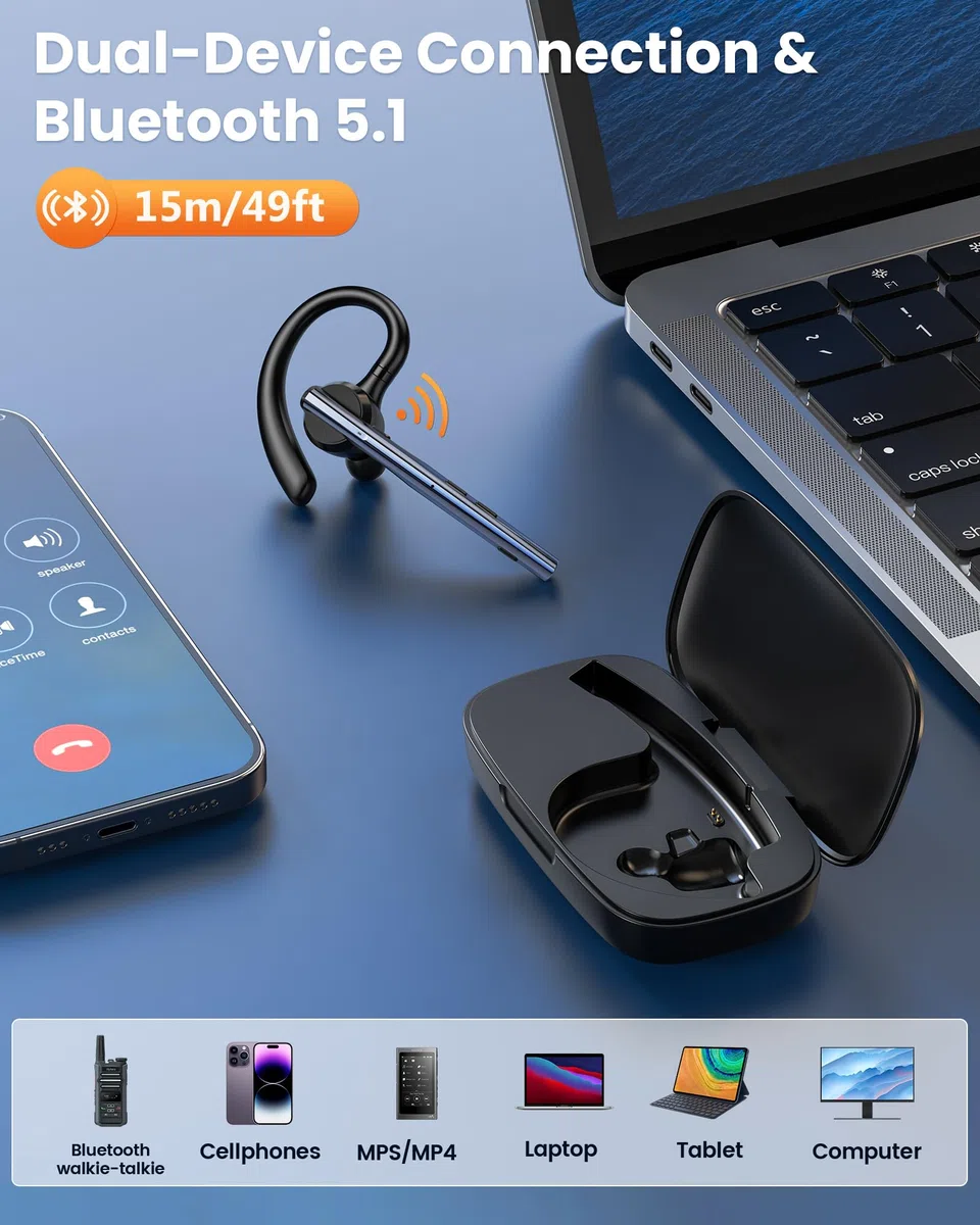 New Bee Bluetooth Headset mit 72h Spielzeit Bluetooth V5.1 Freisprech Headset Handy mit LED Ladecase Freisprecheinrichtung Ohr mit CVC 8.0 und ENC Dual Mikrofon für iPhone/Android/Laptop