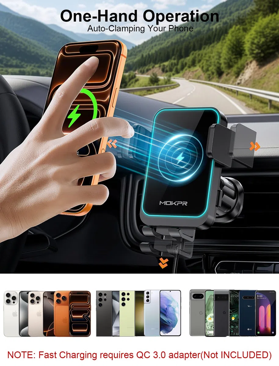 MOKPR Handyhalterung Auto mit Ladefunktion, 15W Induktive Ladestation Auto Entlüftung Armaturenbrett Windschutzscheibe für iPhone 16/15/14/13/12 Serie&Samsung S24/23/22 LG mit LED-Licht (Schwarz)