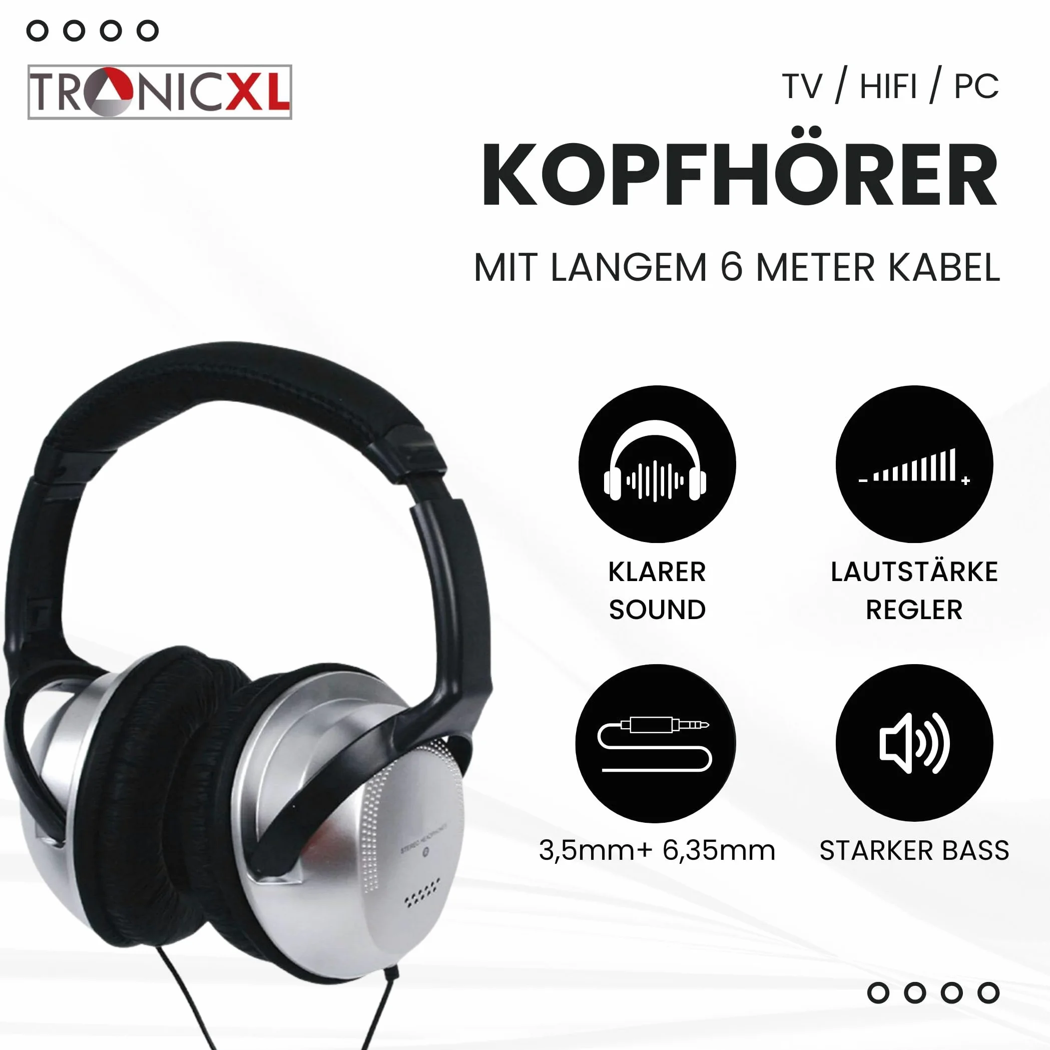 TronicXL Fernsehkopfhörer Kopfbügel Kopfhörer I 6m langes Kabel I Stereo TV Fernseh Headphones Fernseher PC HiFi I Bügel Kopfhörer 3,5mm Klinke 6,35mm Klinkenstecker I kabelgebunden Kabel lang