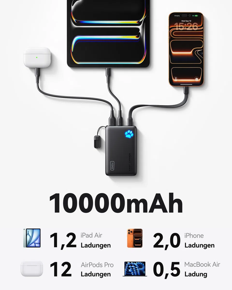 INIU Power Bank, Kleiner 45W Schnellladen 10000mAh Powerbank mit Abnehmbar USB C Kabel, Flugtauglich & Reise-Essential, Externe Handyakkus für iPhone 17 16 15 Pro, Samsung S25, Xiaomi, iPad etc
