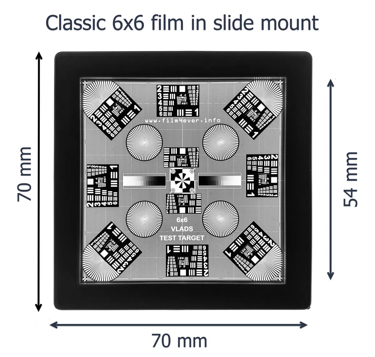 6x6 MF Slide von Vlads Test Target in 70x70 mm, GEPE-Halterung für Kamera-Scan-Tune-Up, Digitalisieren Sie Ihre unbezahlbaren Dias und Negative mit höchster Schärfe und Treue