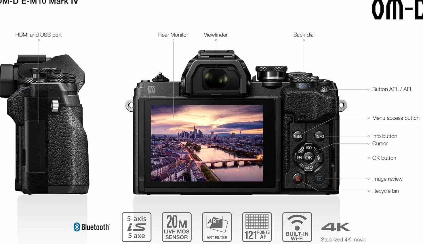 Olympus OM-D E-M10 Mark IV Micro-Four-Thirds-Systemkamera, 20 MP Sensor, 5-Achsen-Bildstabilisation, Selbstporträt-LCD-Bildschirm, elektronischer Sucher, 4K-Video, leistungsstarker AF, Wi-Fi, schwarz