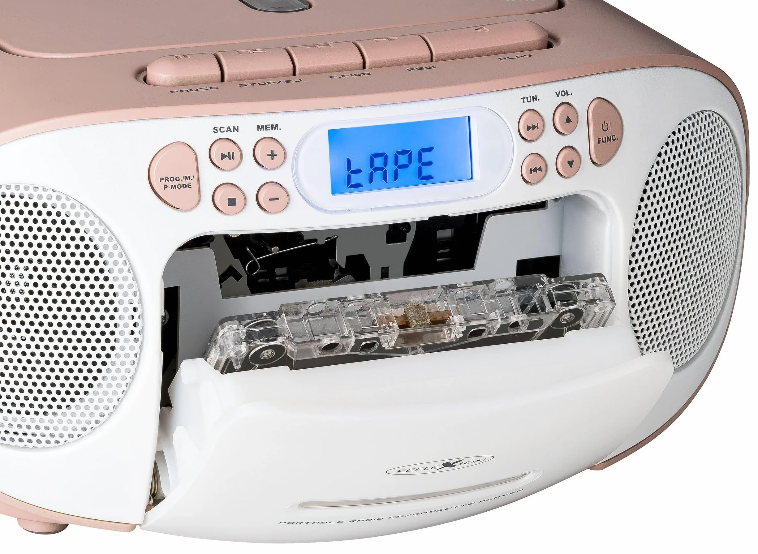 Reflexion RCR2260 CD-Player mit Kassette und Radio für Netz- und Batteriebetrieb (PLL UKW-Radio, LCD-Display, AUX-Eingang, Kopfhörer-Anschluss), weiß/rosa