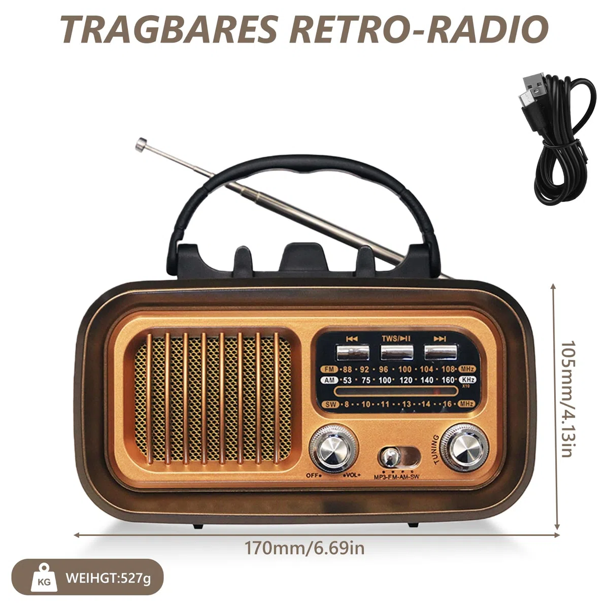 Tragbar Retro Radio mit Bluetooth, AM/FM/SW Solar Kofferradio Batteriebetrieb/D-Zellen Betrieb, Lautsprecher Küchenradio mit Solarpanel Handyständer Unterstützt USB/TF-Karte Vintage Radio(Gold)