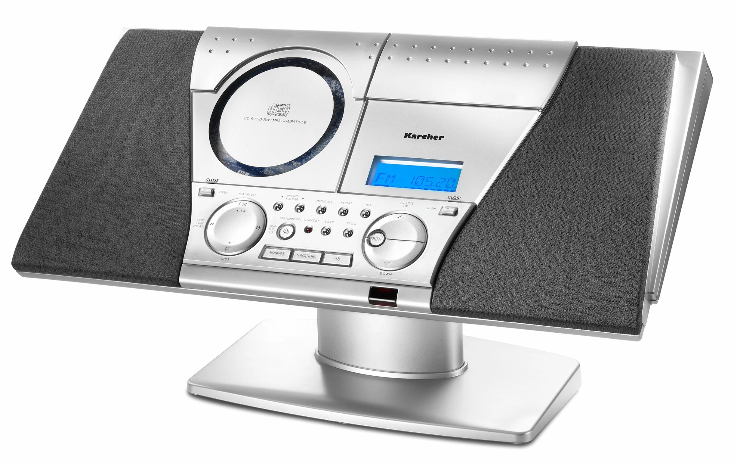 Karcher mit PLL-UKW-Tuner, Line-In, MC 6550N Kompaktanlage (mit CD Player und Kassettendeck, vertikale Stereoanlage, UKW Radio, Wecker) silber