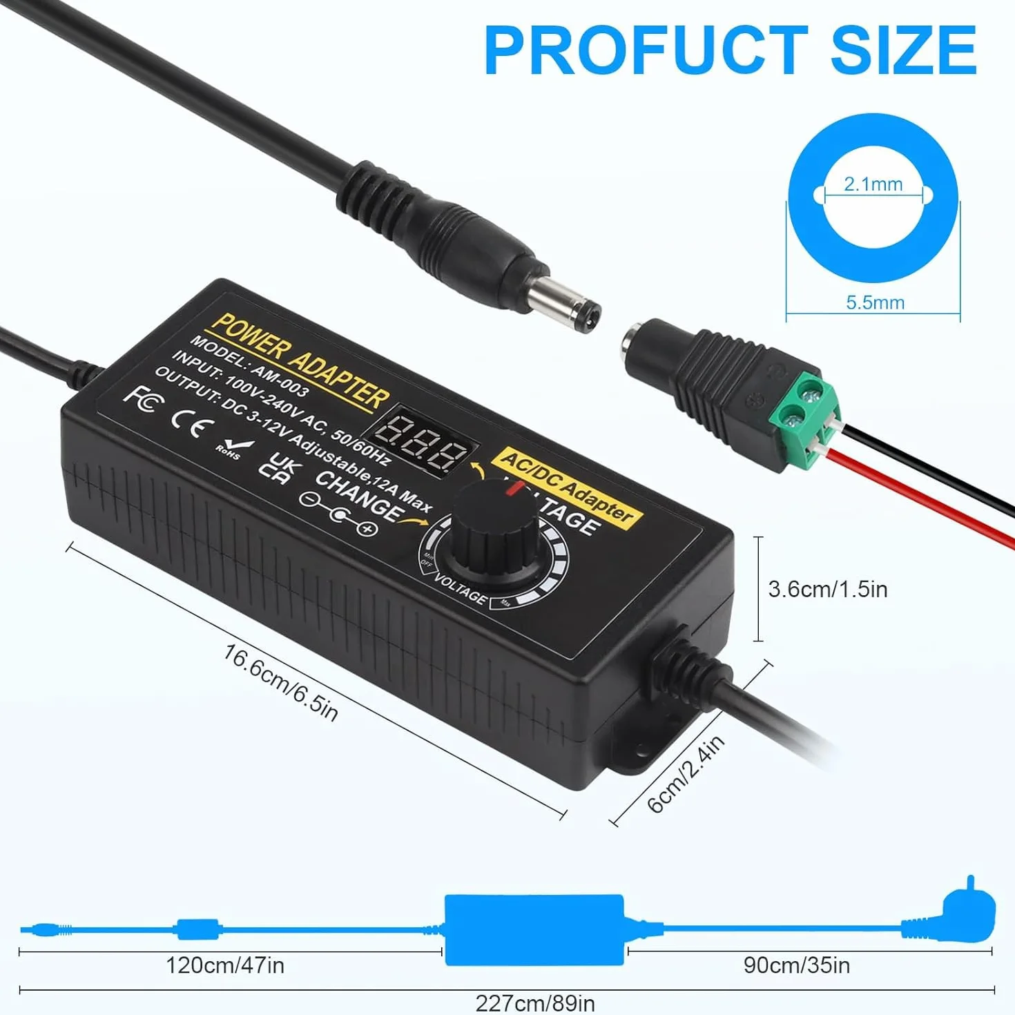 Universal Netzteil 12V 12A, Verstellbarer Netzadapter 3V-12V 144W Einstellbares Netzteil 100V-240V AC to DC 3V 4.5V 5V 6V 7.5V 9V 12V 1A 2A 3A 4A 5A 10A mit 14 DC Steckern