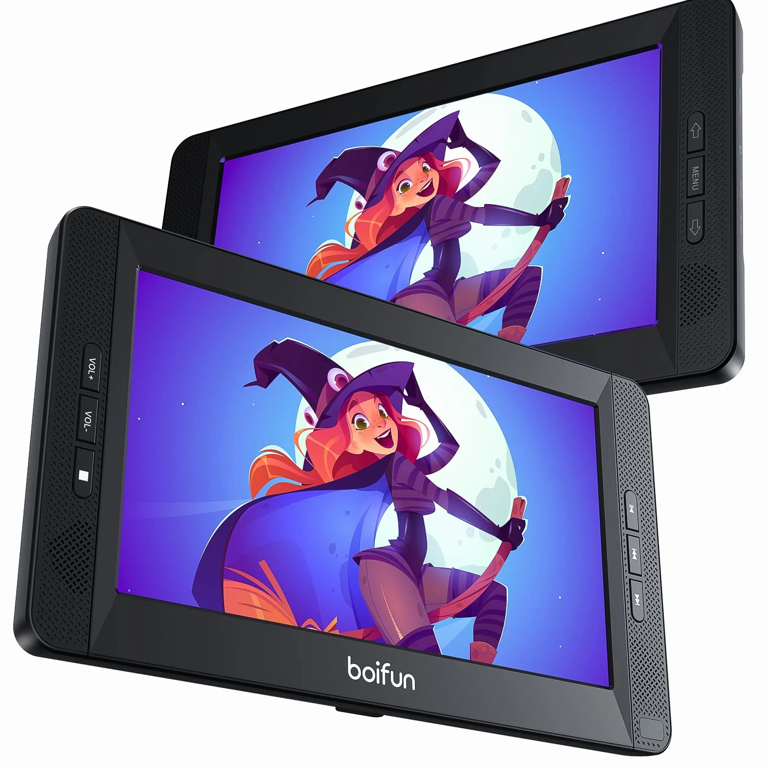BOIFUN DVD Player Auto 2 Bildschirme 10,5" Mit 7 Stunden Akku Tragbarer Fernseher Kopfstütze 2 Monitore 1024 * 600 HD Kopfstützenhalterung USB AV IN/Out FM