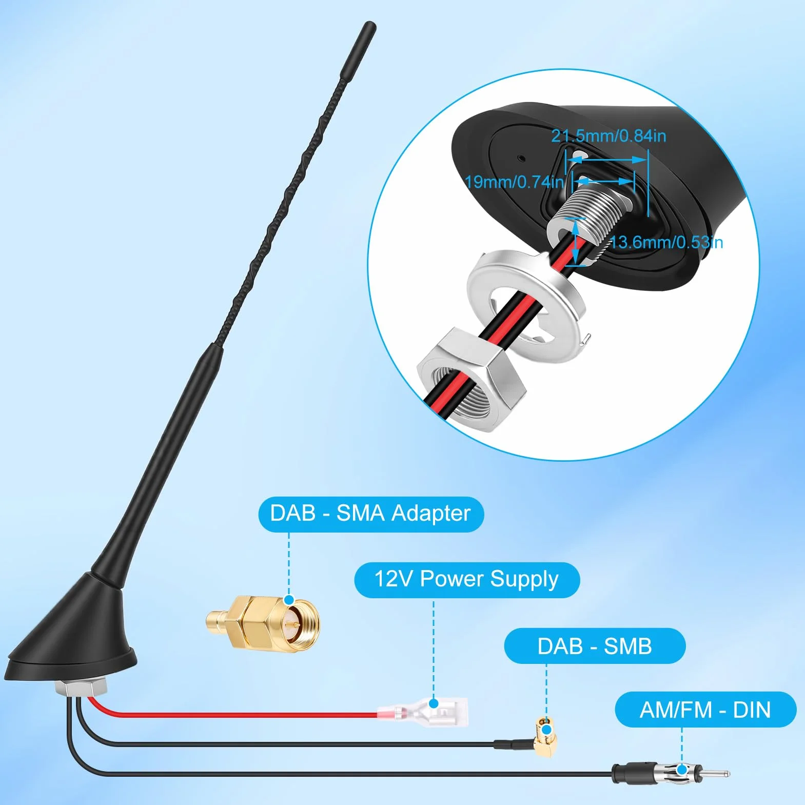 DAB Antenne Auto, DAB+ Autoantenne FM/AM Dachantenne Digital Radioantenne mit Verstärker, Autoradio Antenne mit SMB/SMA Stecker DIN Adapter | 5M-Verlängerungskabel