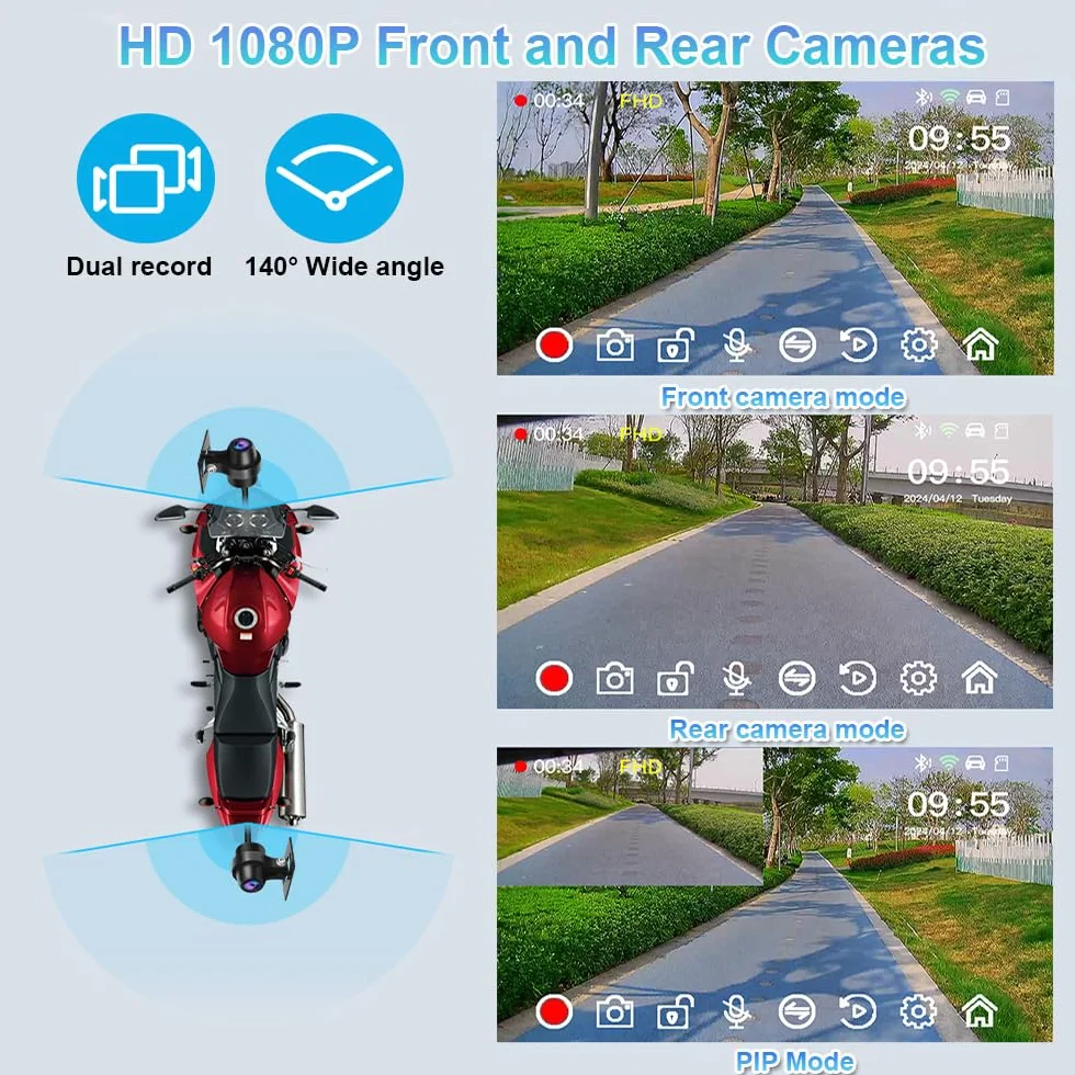 VSYSTO Motorrad Carplay Bildschirm, Wireless Carplay und Android Auto, GPS Navigation, Reifendrucksensoren, Touchscreen WiFi HD 1080P Vorder- und Hinterkamera Motorrad Dash Kamera (CS5)