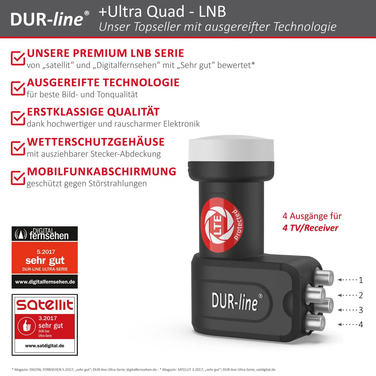 DUR-line +Ultra Quad LNB - 4 Teilnehmer schwarz - mit LTE-Filter [ Test SEHR GUT *] 4-Fach, digital mit Wetterschutz, Full HD, 4K,Premium-Qualität