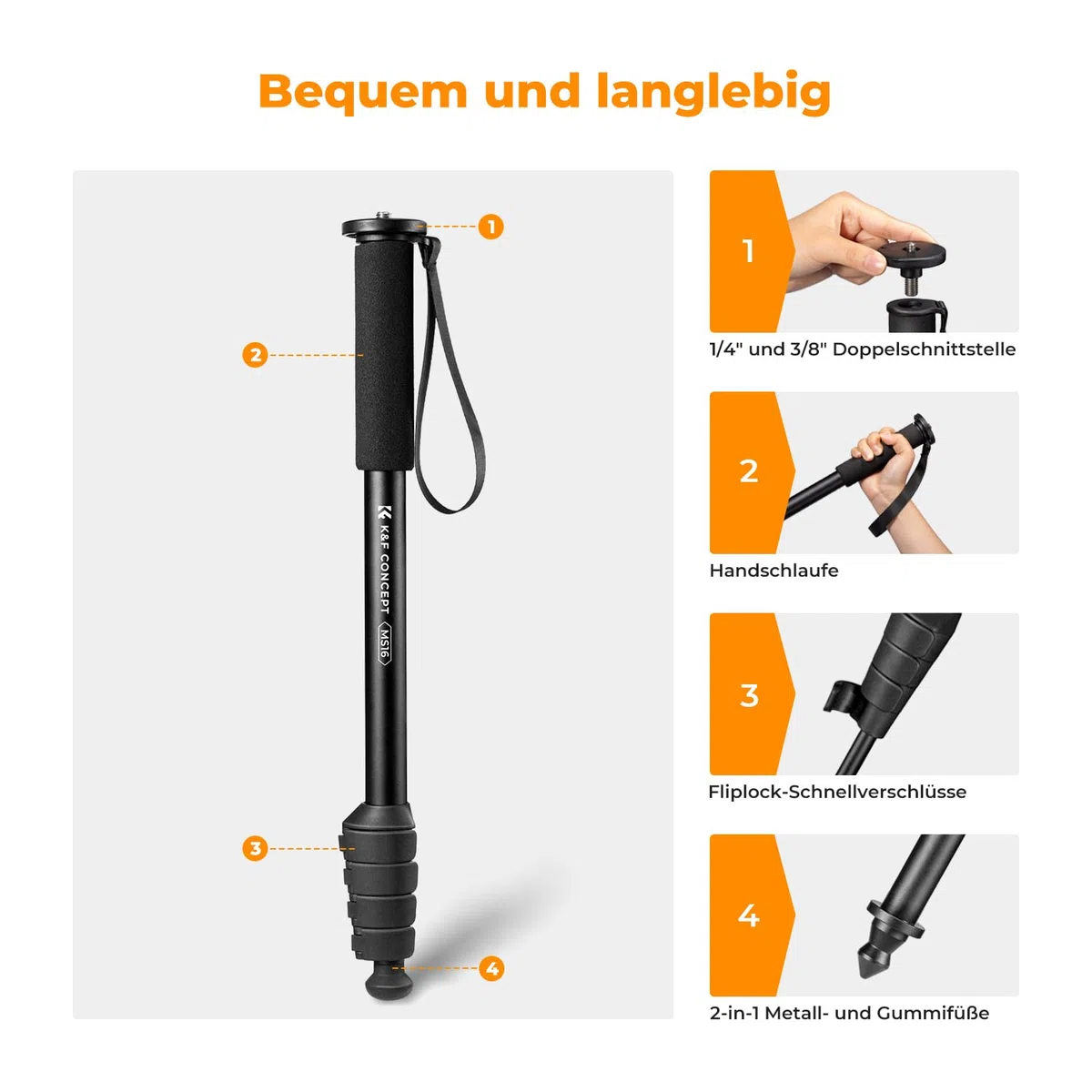 K&F CONCEPT MS16 Einbeinstativ, 63 Zoll Monopod,Stabiles Aluminium-Einbeinstativ mit 5 Sektionen,160cm Reiseeinbeinstativ für DSLR, DSLM und Kompaktkameras,Mit Handschlaufe