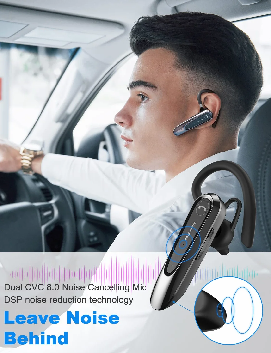 New Bee Bluetooth Headset Wireless Freisprech Telefon mit Dual Mic V5.0 Freisprech-Bluetooth-Ohrhörer mit 20 Stunden Sprechzeit Mic Mute Zwei-Geräte-Verbindung für iPhone, Android und Laptop