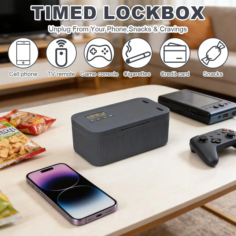 Zeitschloss Box, Handy Safe mit Zeitschloss, Timed Lock Box, Handy Gefängnis mit Timer, 23.9x13.1x9.6cm Abschließbare Box für Selbstkontrolle, Suchtmanagement, Sicheren Aufbewahrung(Grau Blau)