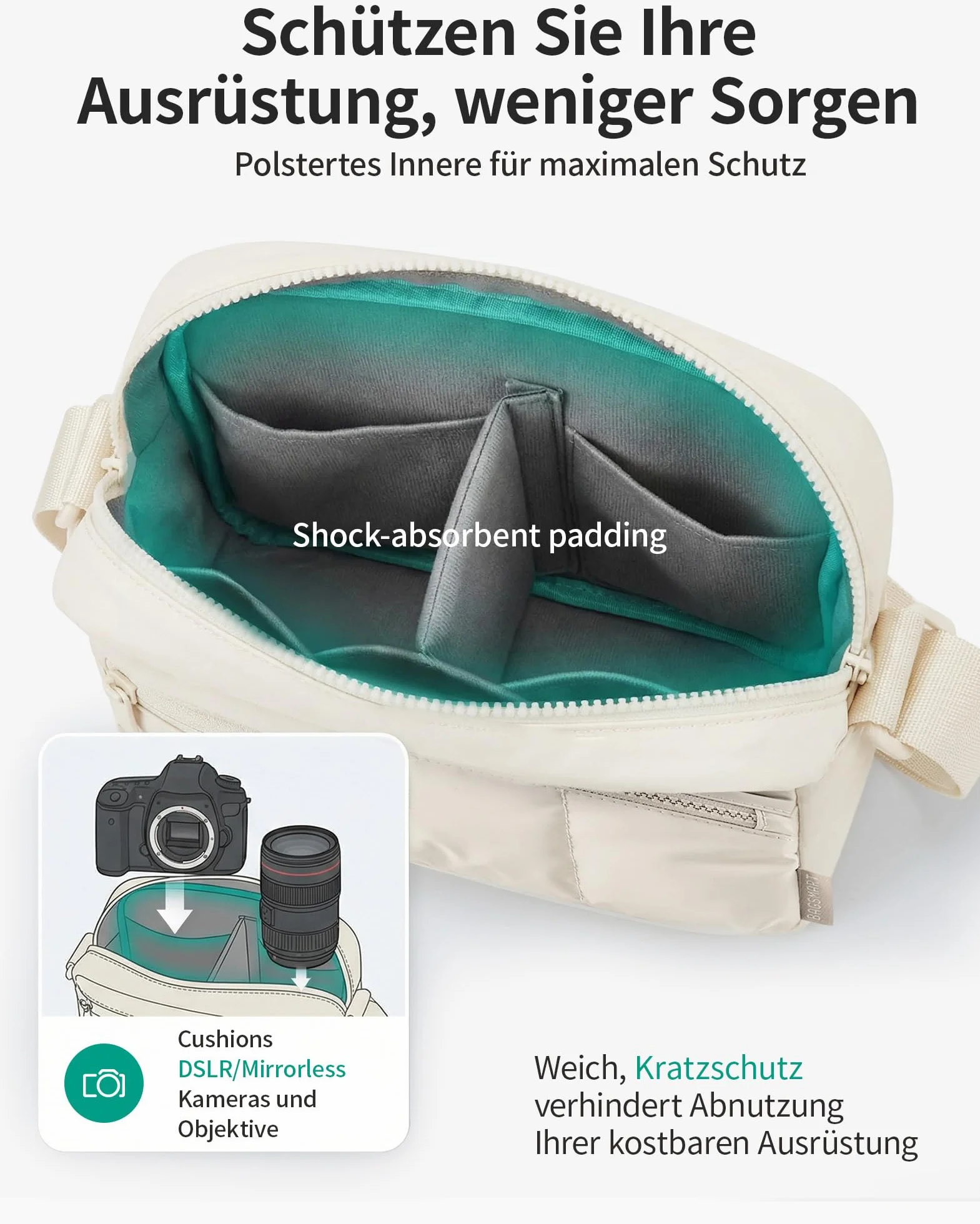 bagsmart Puffer Kameratasche Klein, Kamera Tasche DSLR SLR Fototasche Klein, Leicht und stilvoll Umhängetasche Spiegelreflex Systemkamera Objektive Zubehör(Kamel)
