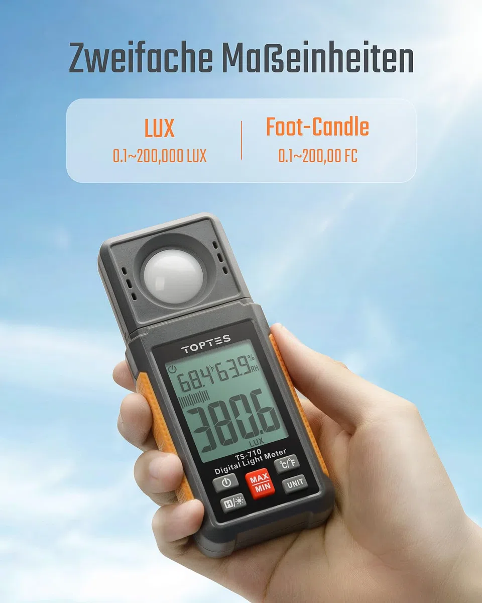TopTes TS-710 Luxmeter mit 180º drehbarem Sensor, 0-200.000 Lux Lichtmessgerät mit Großes Backlit LCD, Messlicht für Zuhause, Zimmerpflanzen, Büro-Lernbereich - Inklusive Batterie