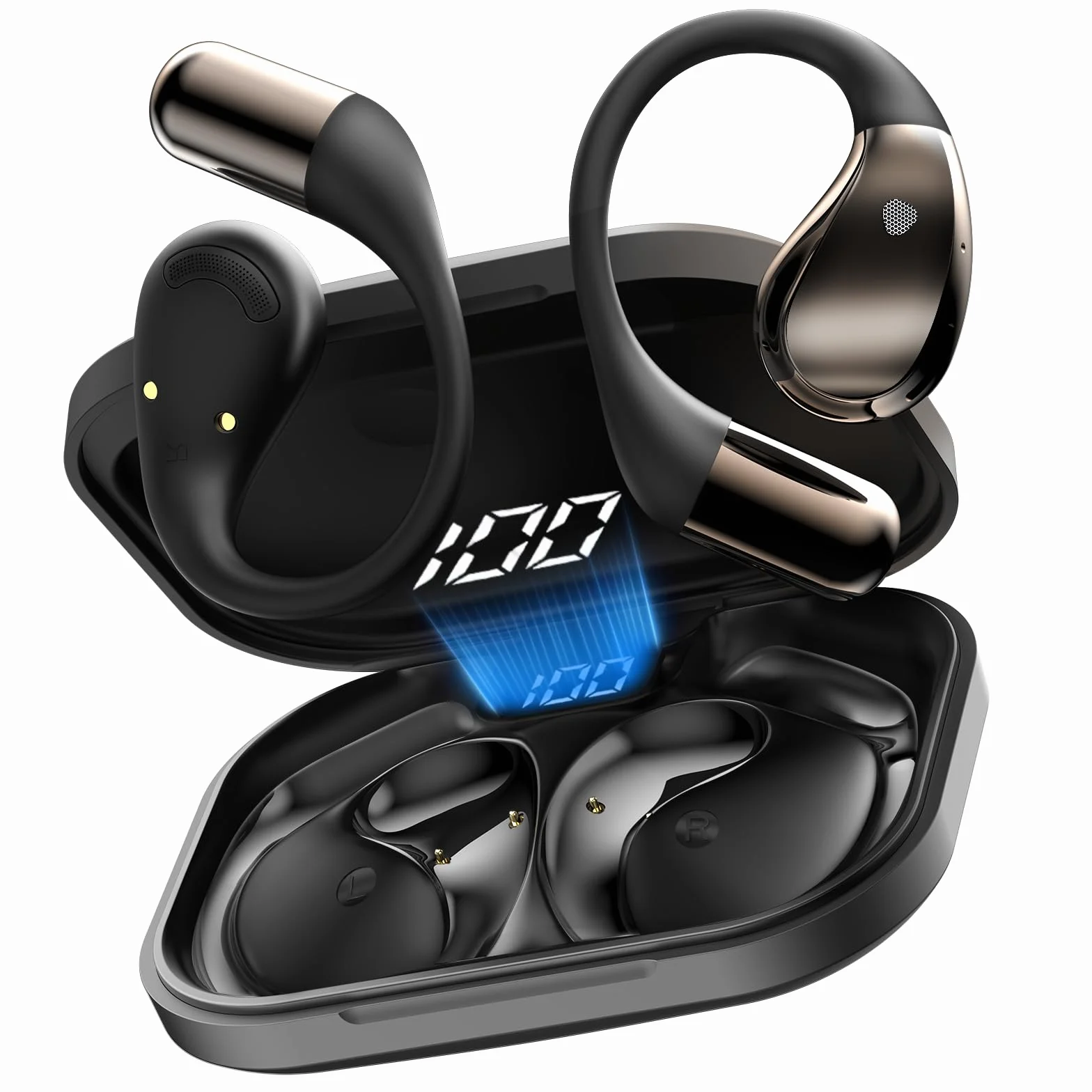 Open Ear Kopfhörer Bluetooth 6.0 mit HD Mic, 2025 Kopfhörer Kabellos Bluetooth HiFi Stereo mit Ohrhaken, 40H Spielzeit, Bluetooth Kopfhörer mit LED-Anzeige, IP7 Wasserdicht Ohrhörer für Sport, Schwarz