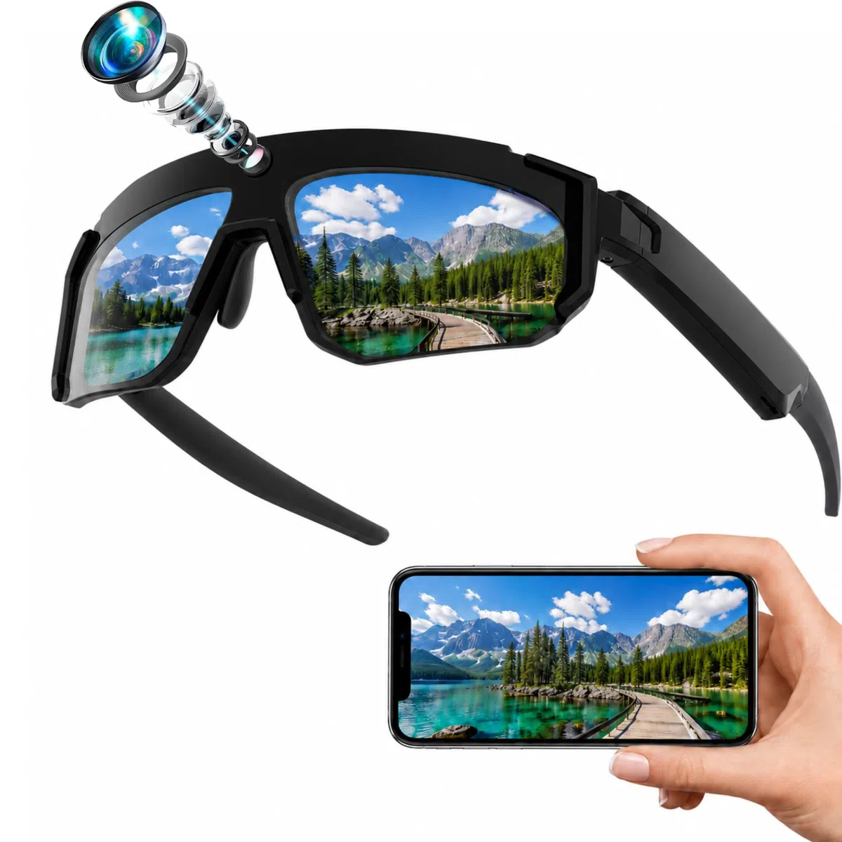 4K AI Smart Glasses mit 8 MP Kamera, Smart Brille mit Kamera und Bluetooth, KI Brille mit Sprachsteuerung, EIS-Stabilisierung und IP54 Schutz für Radfahren, Skifahren, Wandern (Schwarz)