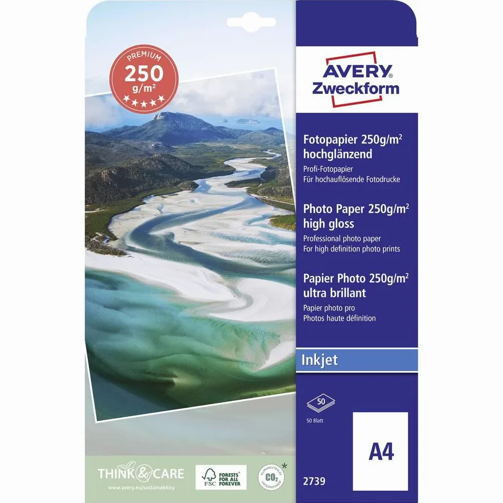 Avery Zweckform Art. 2739 Premium Inkjet Fotopapier (50 Blatt, 250 g/m², DIN A4, hochglänzende Fotokarten, einseitig beschichtet, sofort trocken & wischfest, Fotoblätter für Inkjet-Drucker) weiß