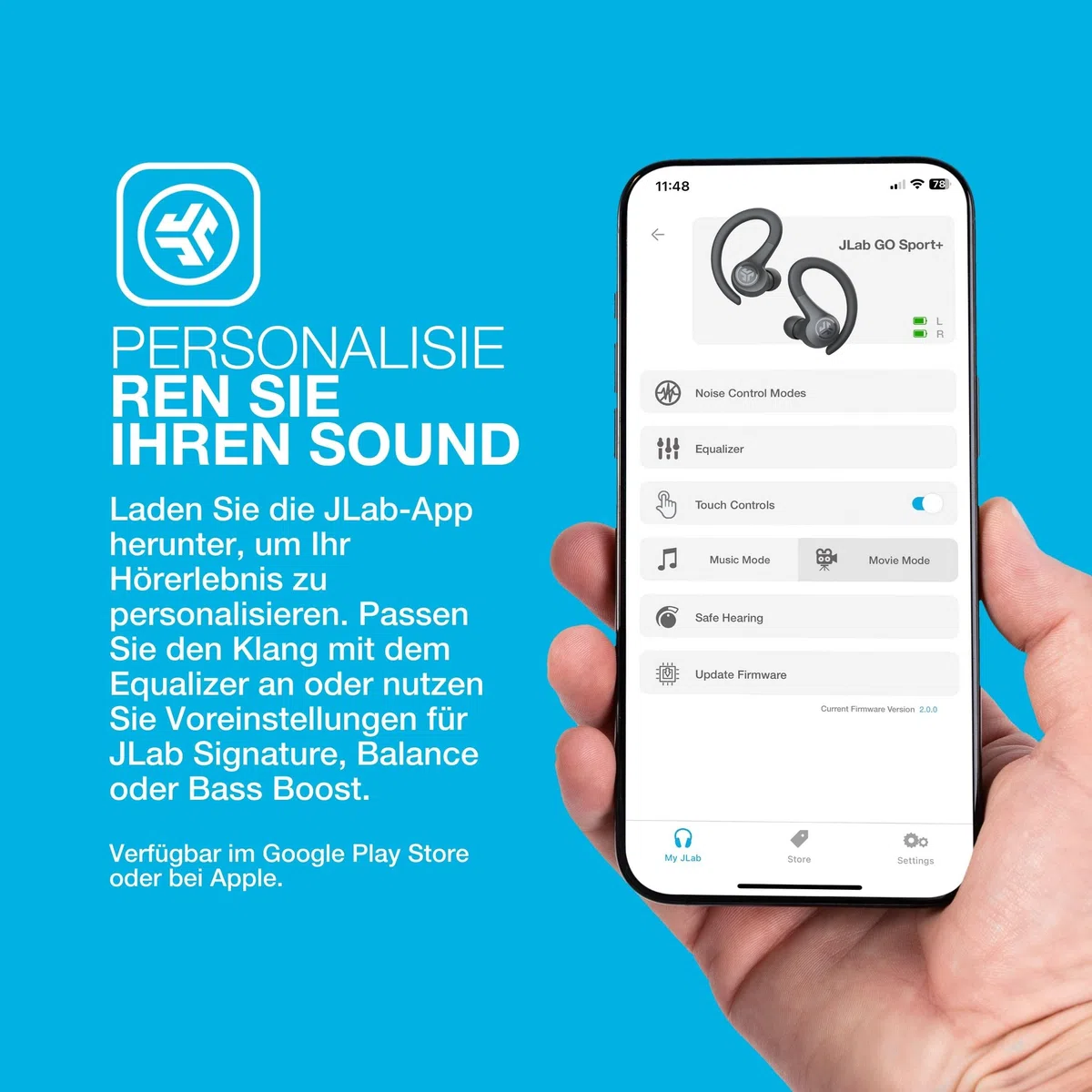 JLab Go Air Sport+ Kopfhörer Bluetooth, Sportkopfhörer 35+ Std., True Wireless In Ear Kopfhörer kabellos für Läufer, Joggen, IP55-schweißresistent, USB-C Ladecase, Be Aware-Modus, Graphit